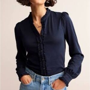 Boden Caroline Jersey Shirt Navy Blue Button Down